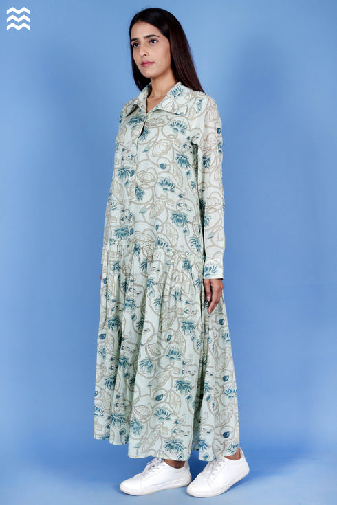 Mulmul Cotton Shirt Dress In Floral Block Print