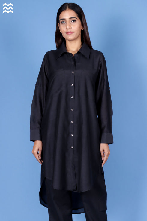 Cotton Silk Long Boyfriend Shirt In Black