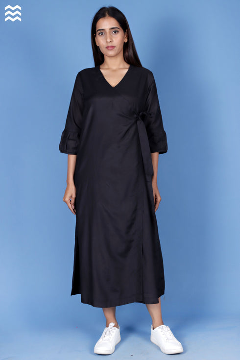 Cotton Silk Maxi Wrap Dress In Black