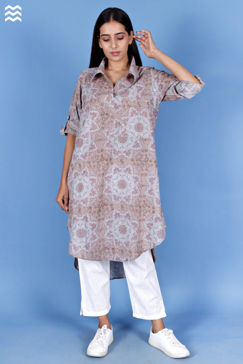 Slub Cotton Long Boyfriend Top in Block Print