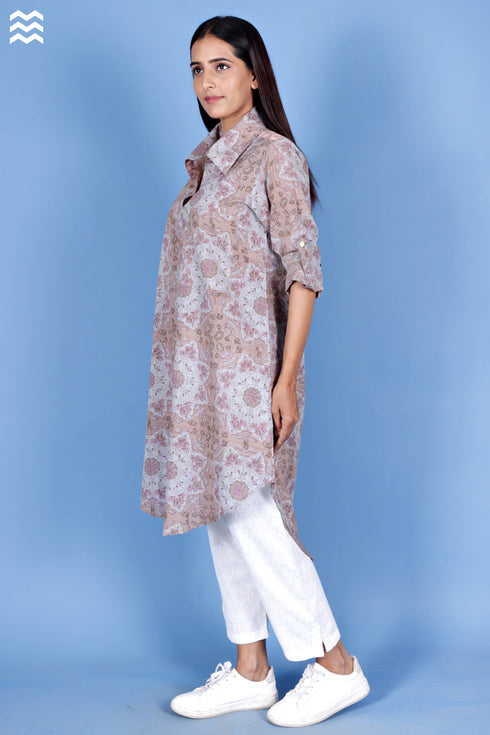 Slub Cotton Long Boyfriend Top in Block Print