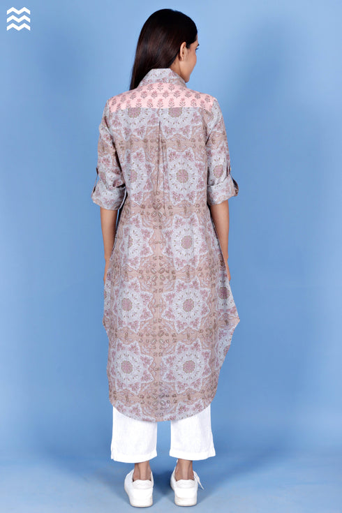 Slub Cotton Long Boyfriend Top in Block Print