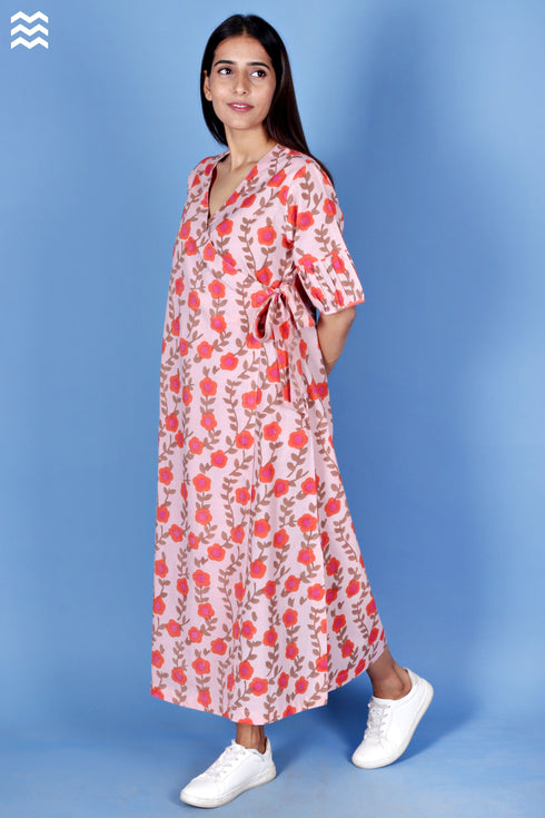 Slub Cotton Long Wrap Dress In Graphic Block Print