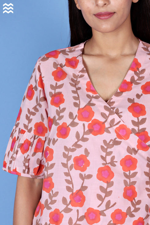 Slub Cotton Long Wrap Dress In Graphic Block Print