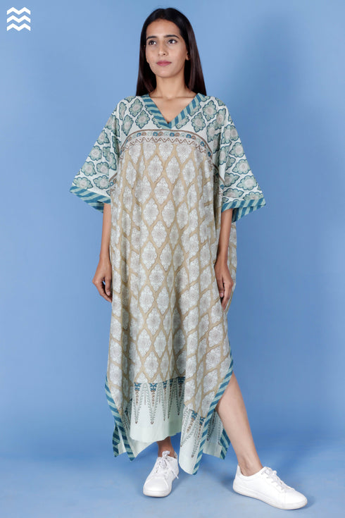 Cotton Silk Cher Caftan In Assorted Block Print