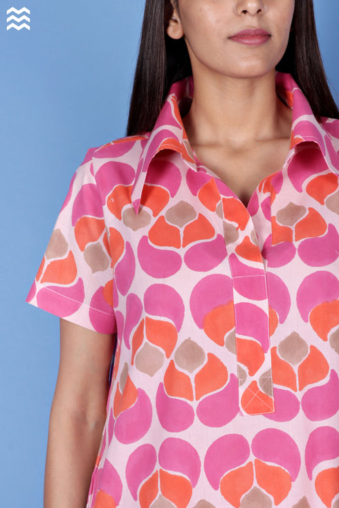 Cambric Cotton Zoom Dress In Graphic Block Print