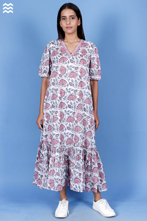Mulmul Cotton Frilly Jelly Dress in Block Print
