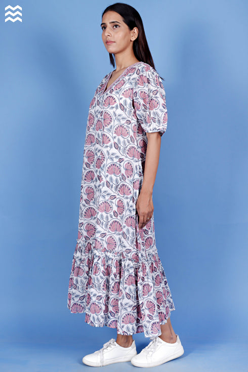 Mulmul Cotton Frilly Jelly Dress in Block Print