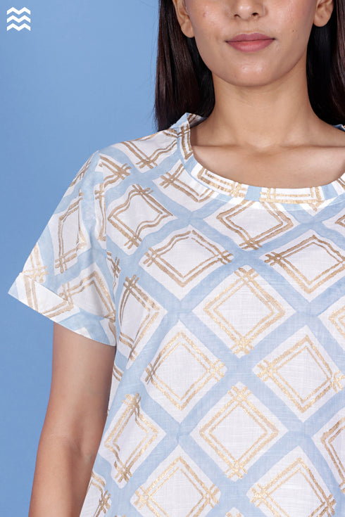 Slub Cotton Crop Top In Gold Block Print