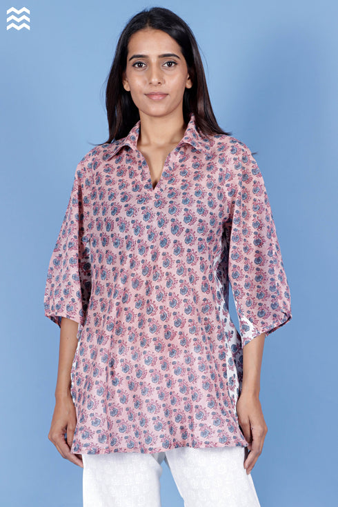 Mulmul Cotton Skirt Top in Floral Block Print