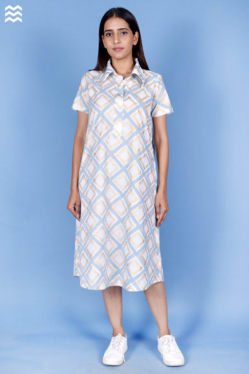 Slub Cotton Zoom Dress In Gold Block Print