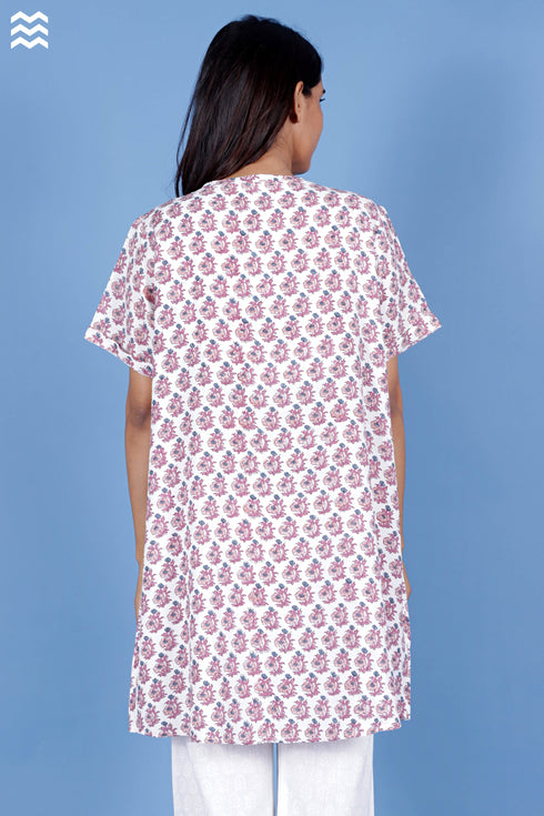 Rayon Long Tee Top In Floral Block Print