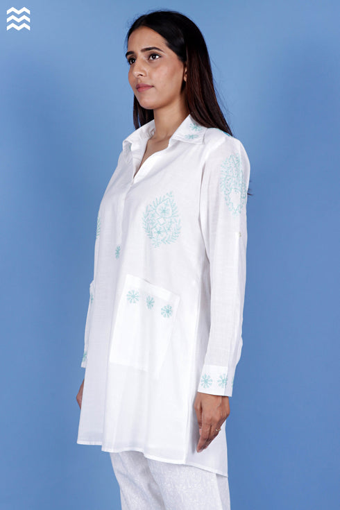 Slub Cotton Boyfriend Top With Chikankari Embroidery