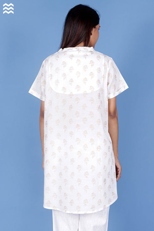 Slub Cotton Long Tee Top In Floral Block Print