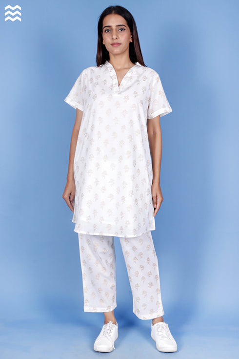 Slub Cotton Long Tee Top In Floral Block Print