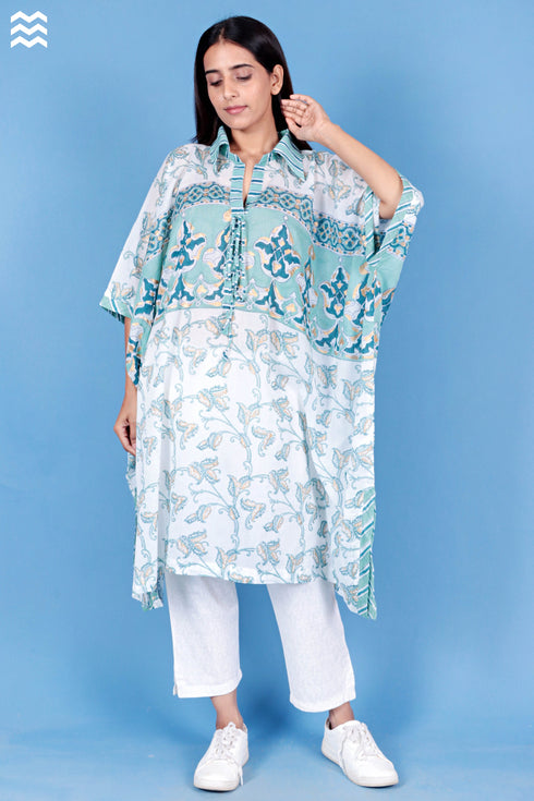 Mulmul Cotton Caftan In Assorted Block Print