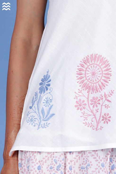 Slub Cotton Dolly Top With Chikankari Embroidery