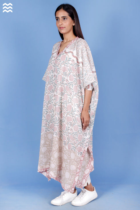Mulmul Cotton Caftan In Floral Block Print