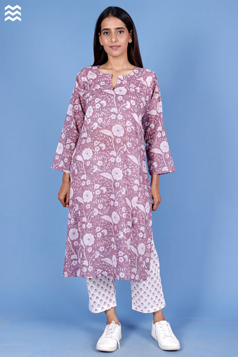 Mulmul Cotton Anu Kurta In Floral Block Print