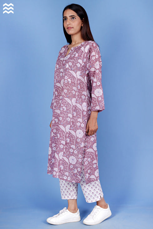 Mulmul Cotton Anu Kurta In Floral Block Print