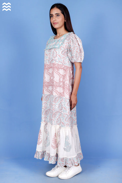 Mulmul Cotton Prairie Dress In Blue Floral Block Print