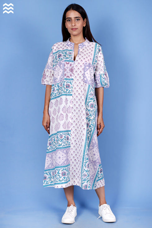 Cambric Cotton Long Wrap Dress In Block Print