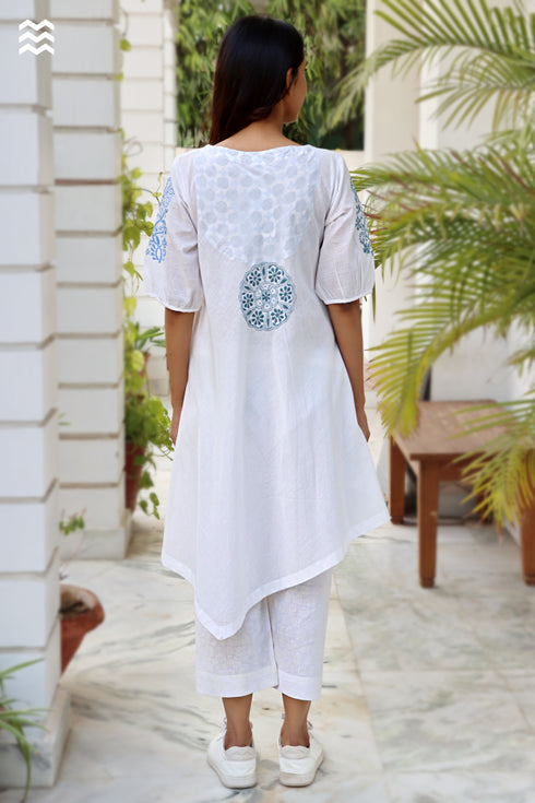 Slub Cotton Off White Blue Chikankari Top