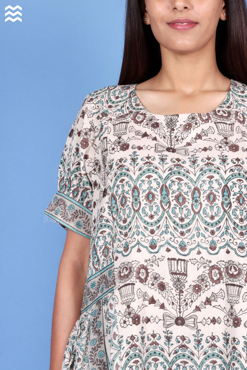 Crepe Cotton Foxy Dress In Block Print