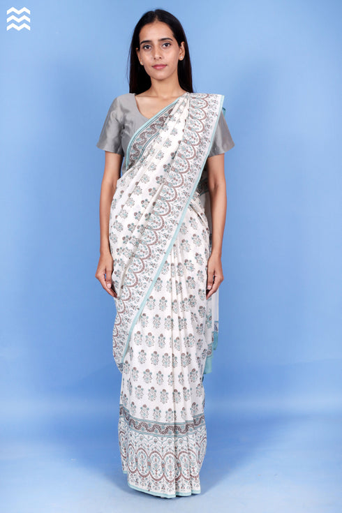 Cotton Silk Saree With Fall In Floral Block Print