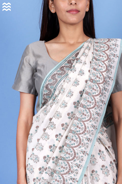 Cotton Silk Saree With Fall In Floral Block Print