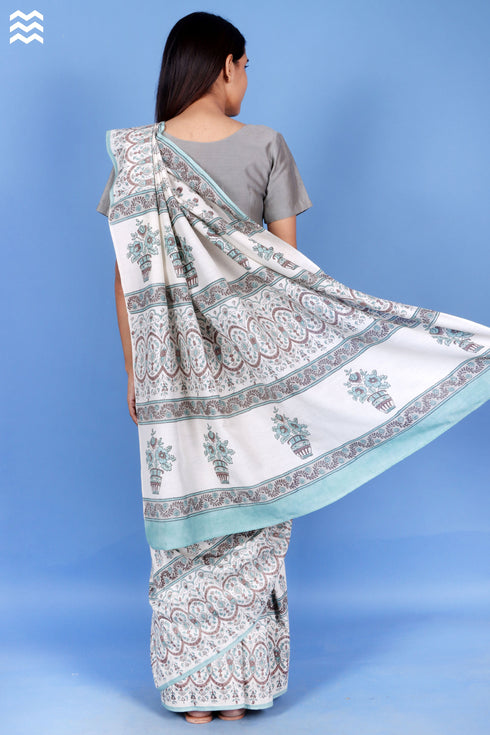 Cotton Silk Saree With Fall In Floral Block Print