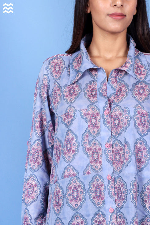 Mulmul Cotton Long Boyfriend Top in Block Print