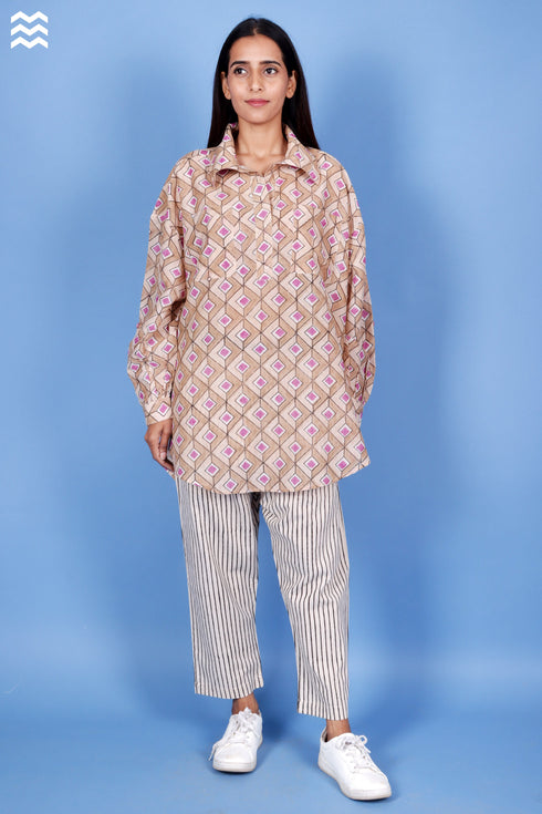 Cotton Silk Beige Mauve Beach Shirt / TOP