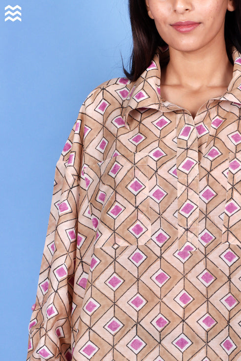 Cotton Silk Beige Mauve Beach Shirt / TOP