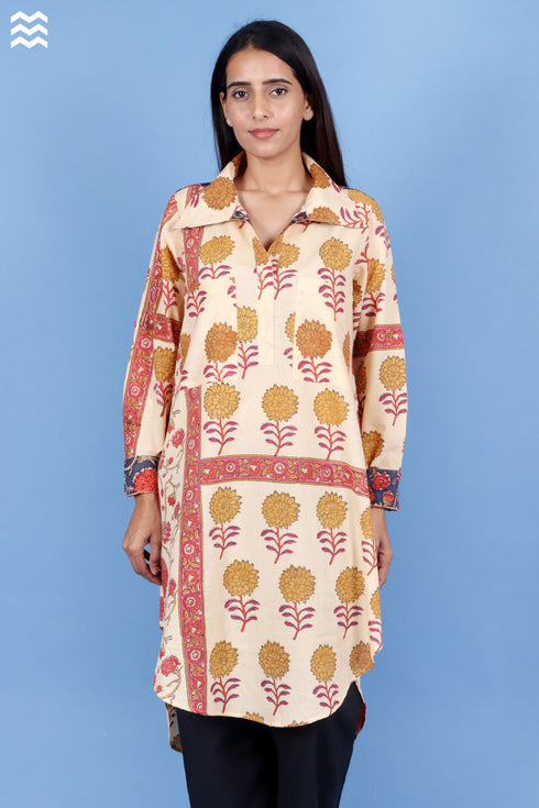 Cambric Cotton Long Boyfriend Shirt In Block Print