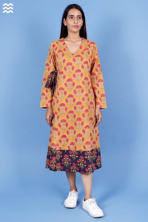 Cambric Cotton Wrap Dress In Block Print