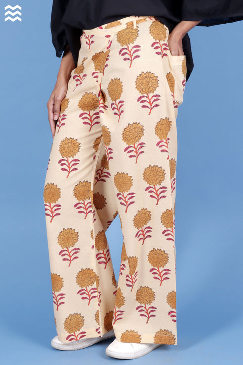 Cambric Cotton Flared Pant In Block Print