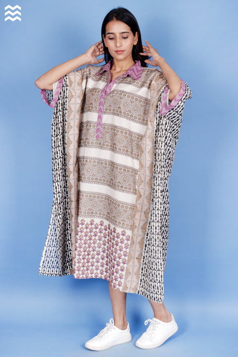 Cotton Silk Ivory Printed Caftan