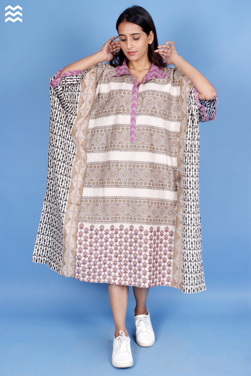 Cotton Silk Ivory Printed Caftan