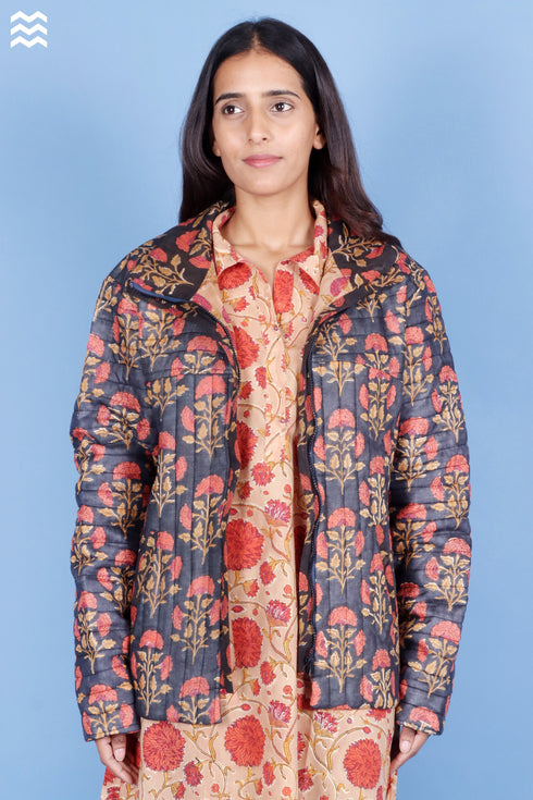 Mulmul Cotton Navy Floral Puffer Jacket