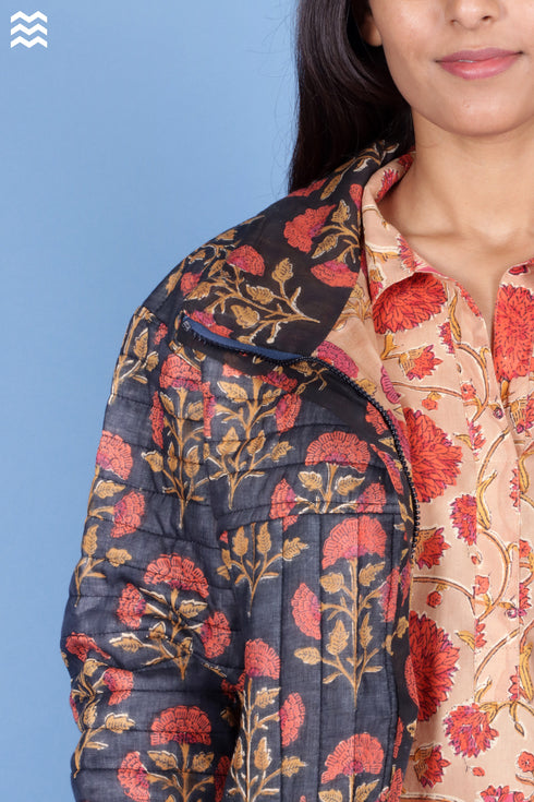 Mulmul Cotton Navy Floral Puffer Jacket