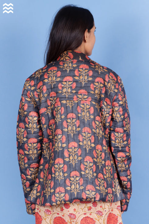 Mulmul Cotton Navy Floral Puffer Jacket
