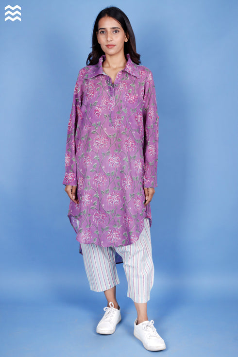 Mulmul Cotton Mauve Boyfriend Shirt Long