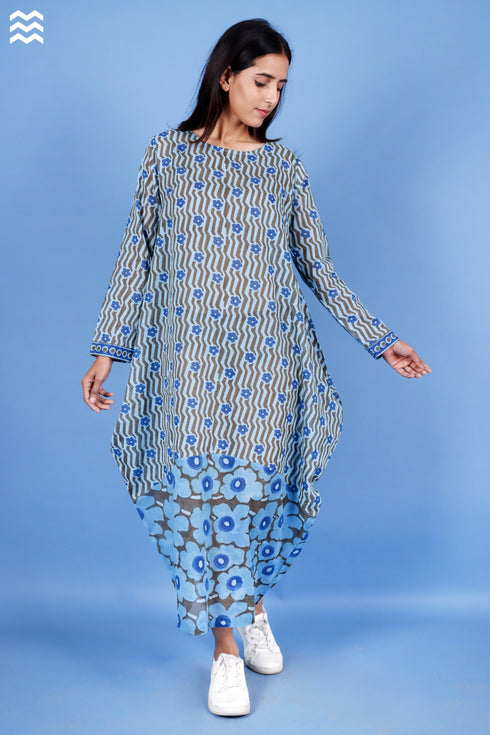Mulmul Cotton Slate Blue Boho Dress In Block Print