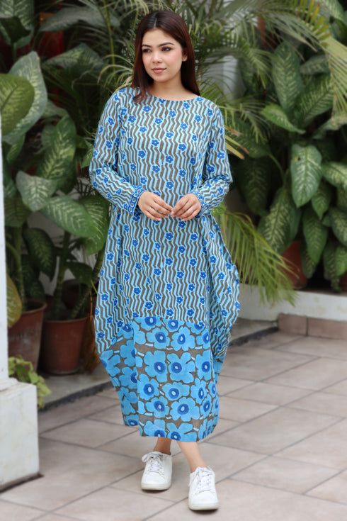 Mulmul Cotton Slate Blue Boho Dress In Block Print