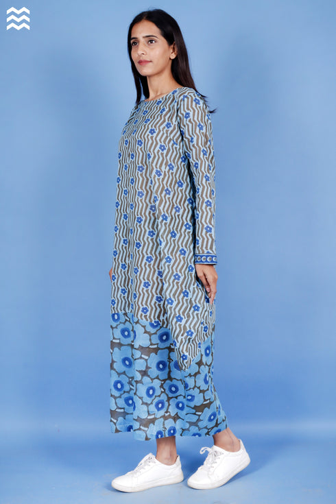 Mulmul Cotton Slate Blue Boho Dress In Block Print