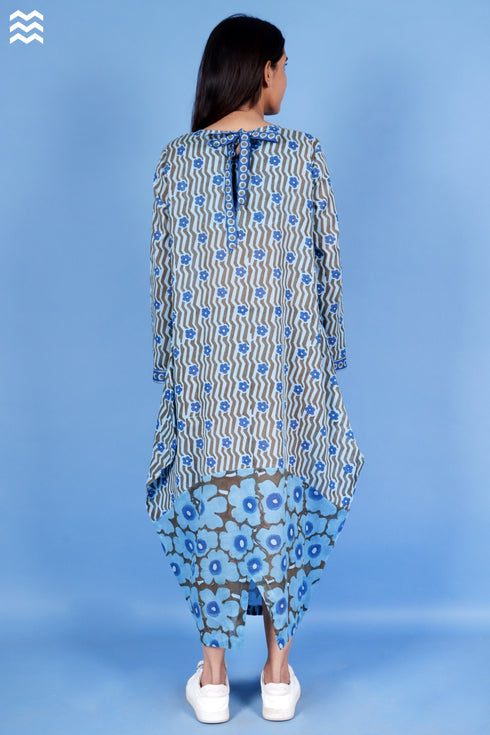 Mulmul Cotton Slate Blue Boho Dress In Block Print