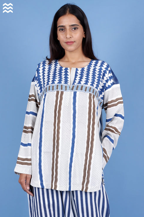 Rayon Indigo Blue Pleat Top In Block Print