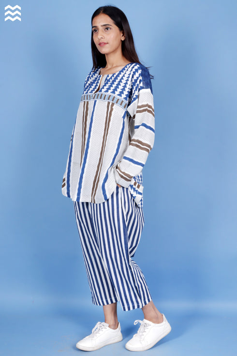 Rayon Indigo Blue Pleat Top In Block Print