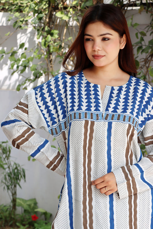 Rayon Indigo Blue Pleat Top In Block Print
